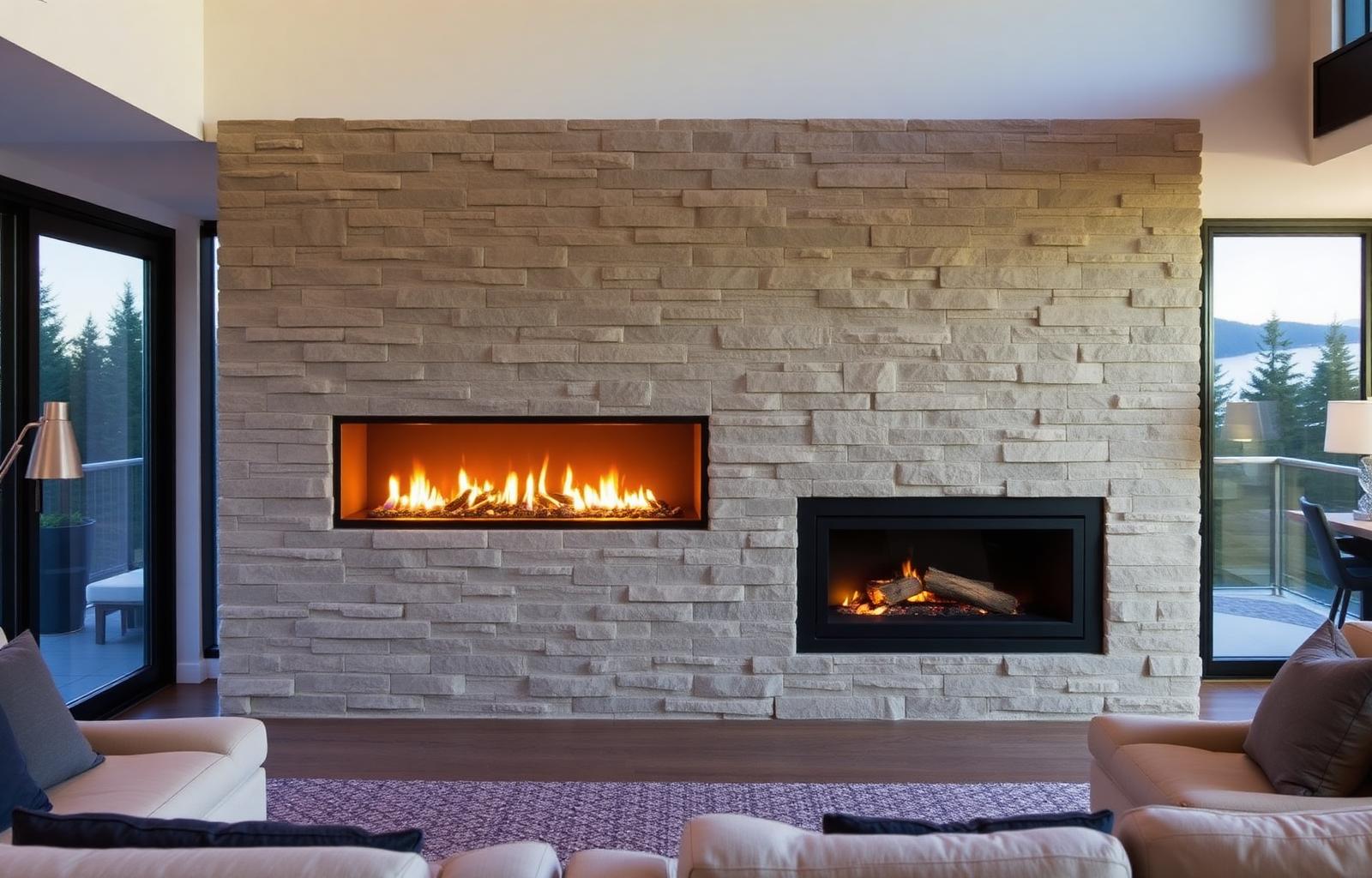 Modern linear gas fireplace built into a stone feature wall