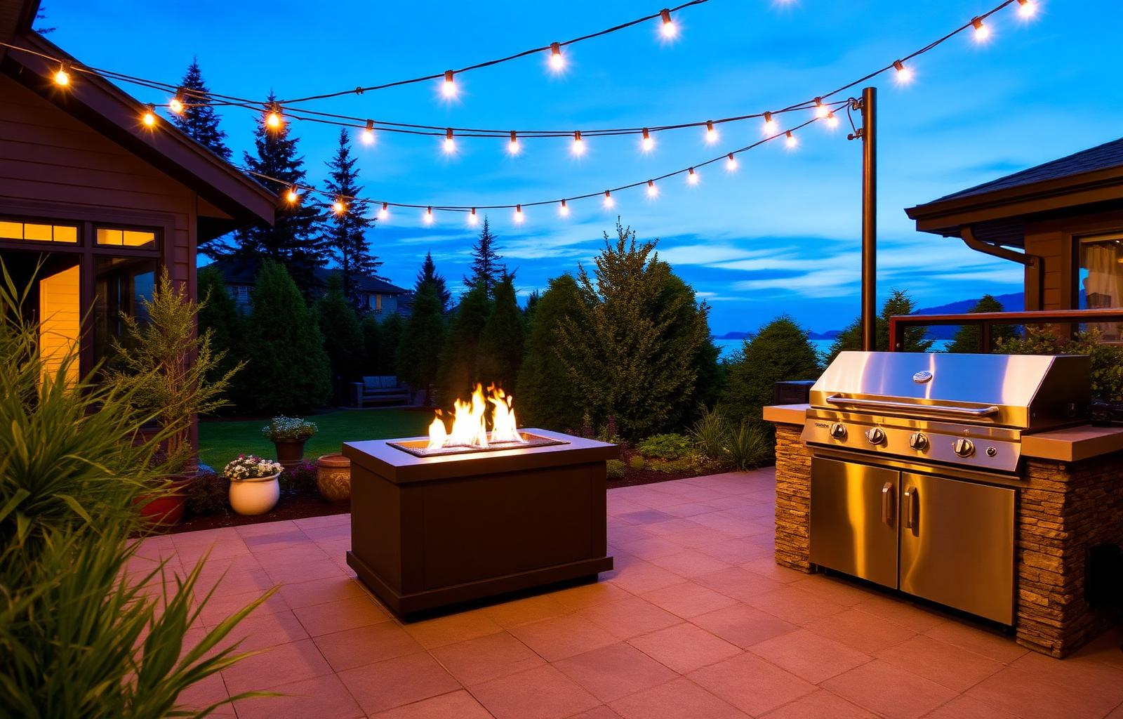 Outdoor patio with a gas fire pit and built-in BBQ at dusk